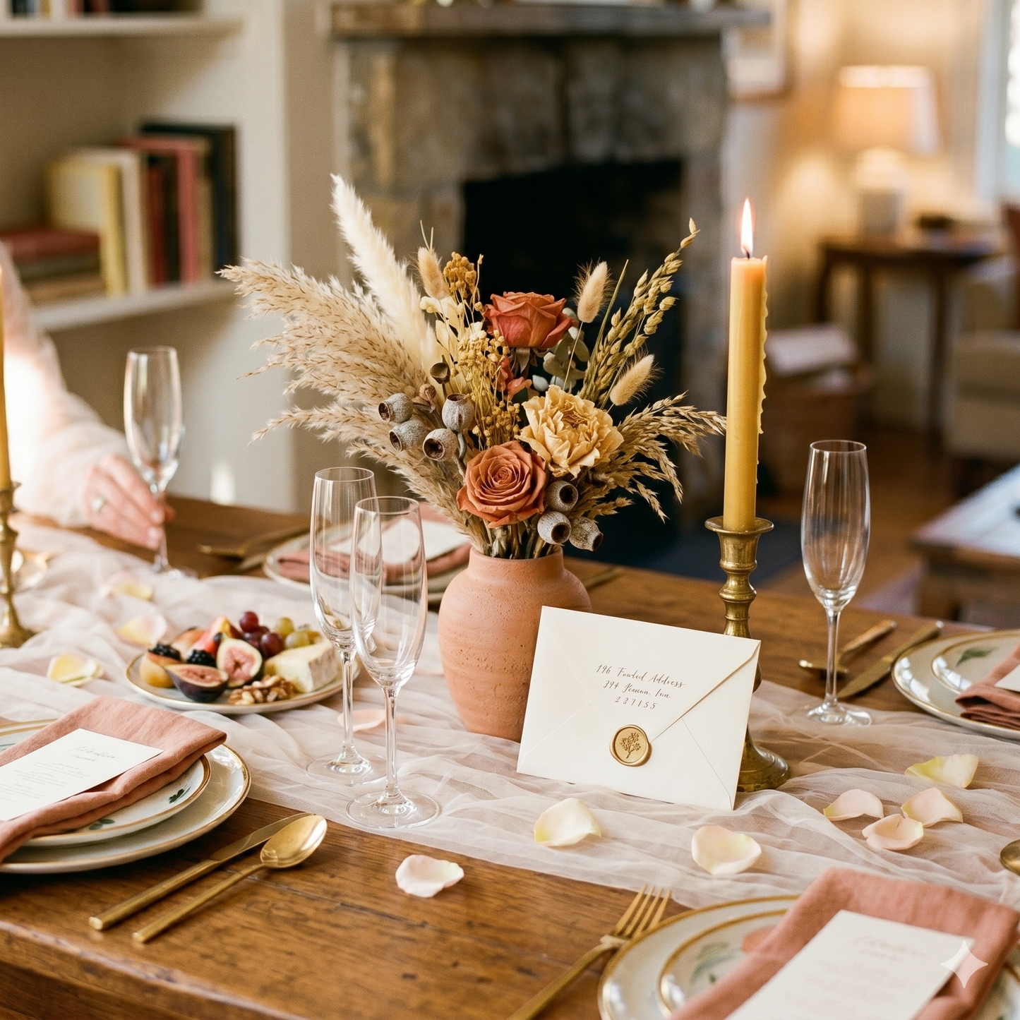 Elegant table setting with flowers, candles, and place cards in a cozy room.