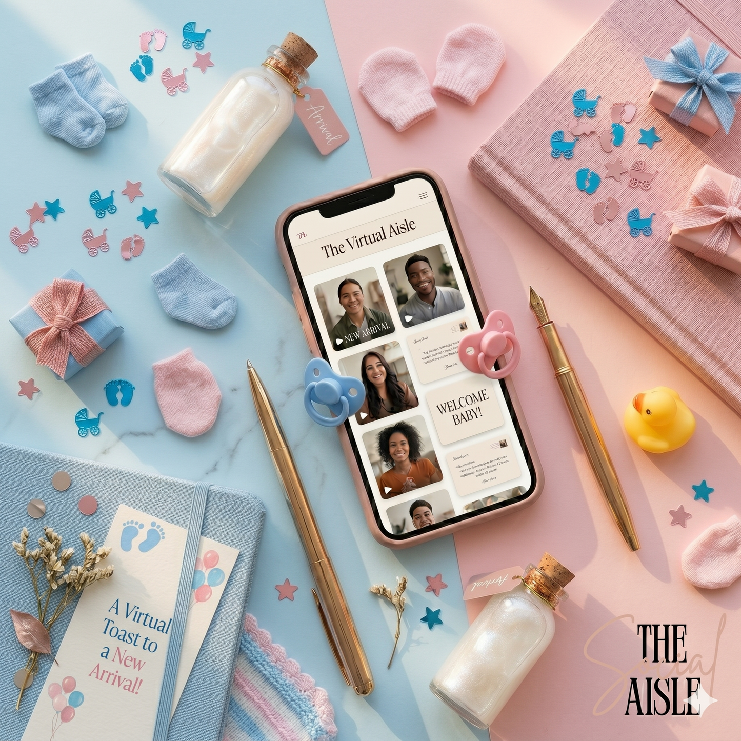 Phone displaying a virtual baby shower app with baby-themed items on a pink and blue background.