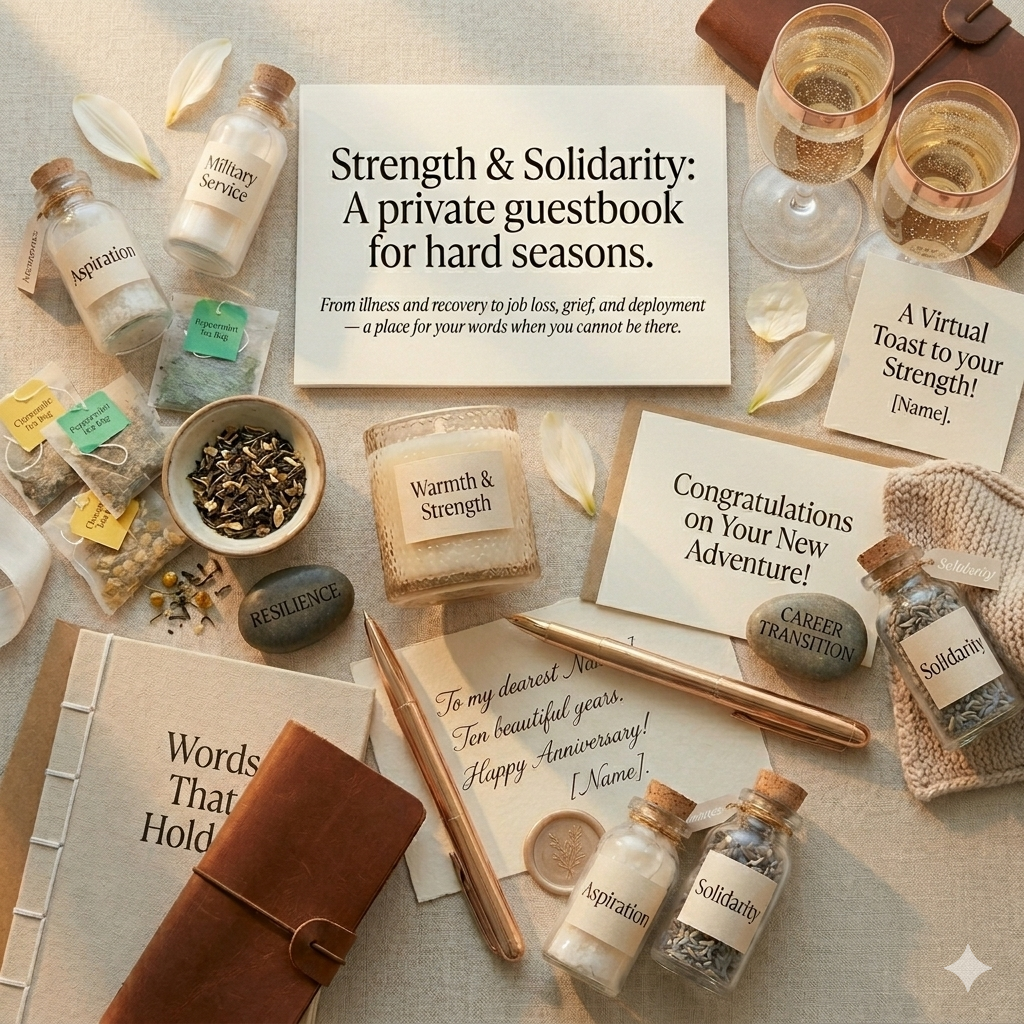 Private guestbook with wellness items and cards on a textured surface