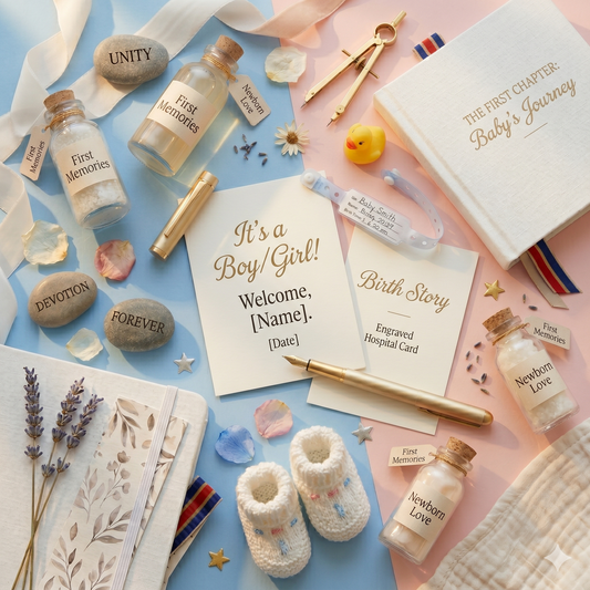 Newborn baby shower items including bottles, cards, and shoes on a colorful background