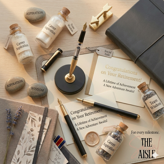Collection of retirement-themed items including bottles, stones, and a pen on a wooden surface.