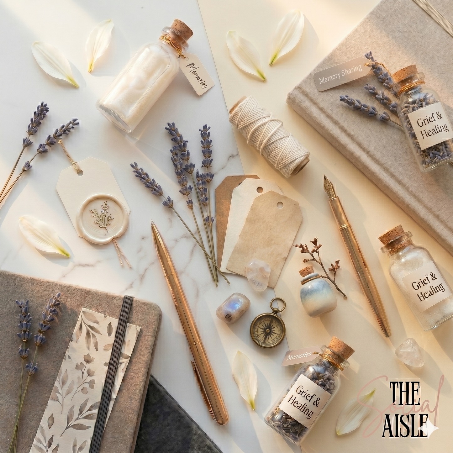 Flat lay of decorative items including bottles, candles, and flowers on a light surface with 'The Aisle' branding.