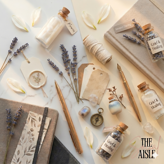 Flat lay of decorative items including bottles, candles, and flowers on a light surface with 'The Aisle' branding.