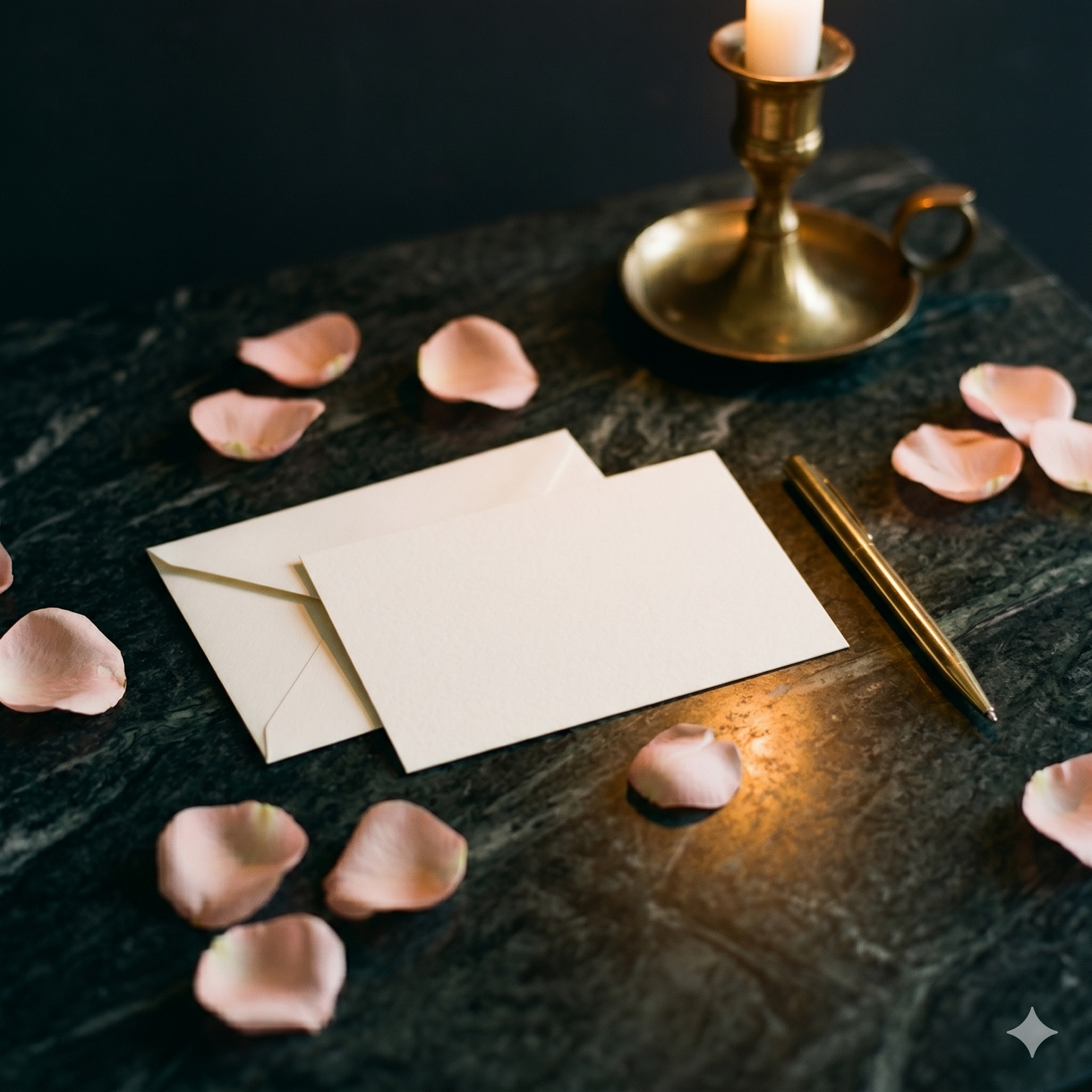 Invitation card with envelope and pen on a dark surface with rose petals and a candle.