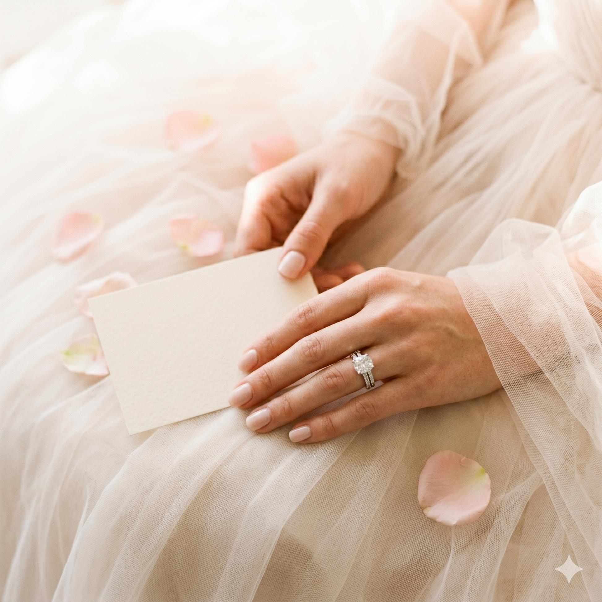 Close-up of a hand holding a card with a ring on a soft, light-colored fabric background.