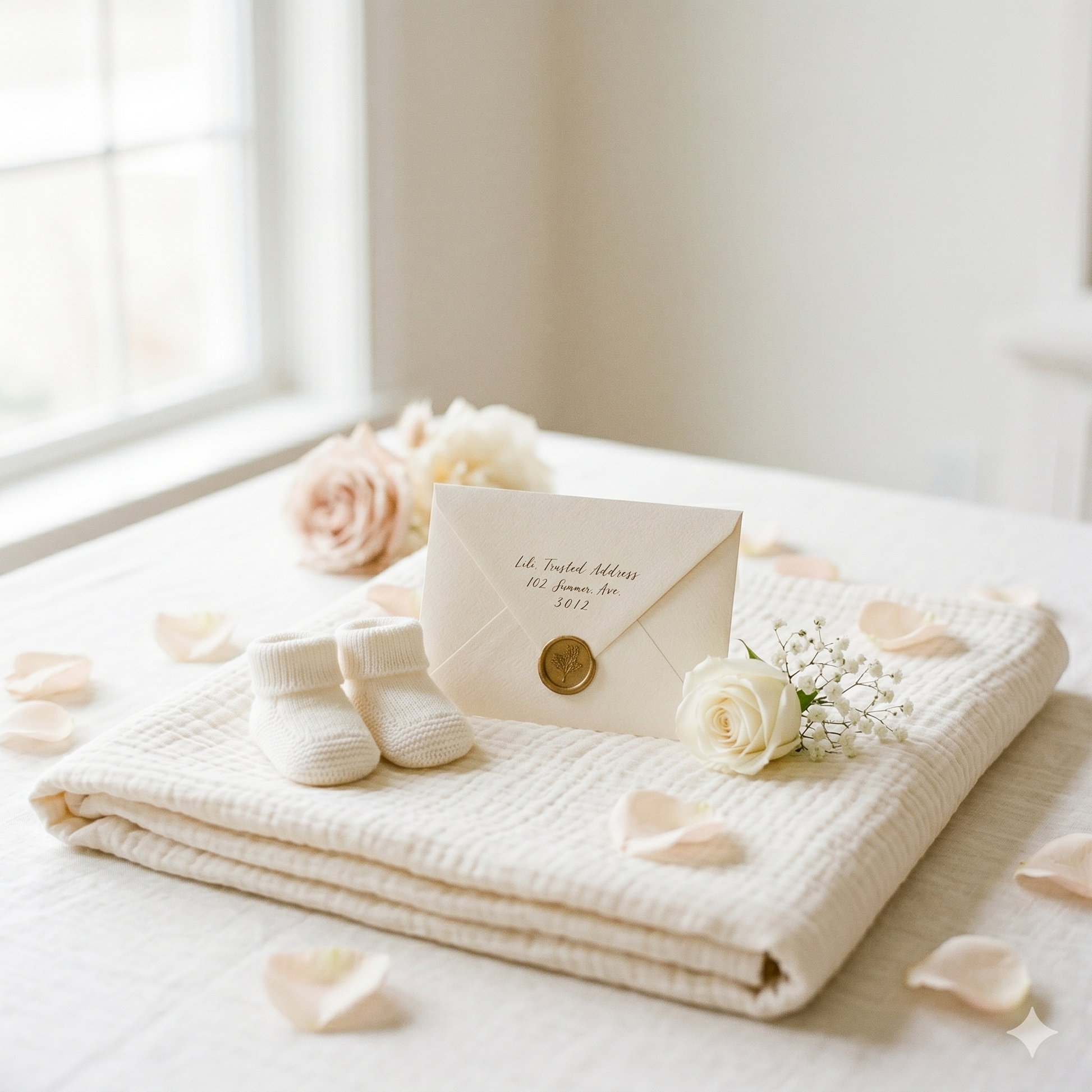 Baby items including a blanket, socks, and a card on a light surface with flowers.